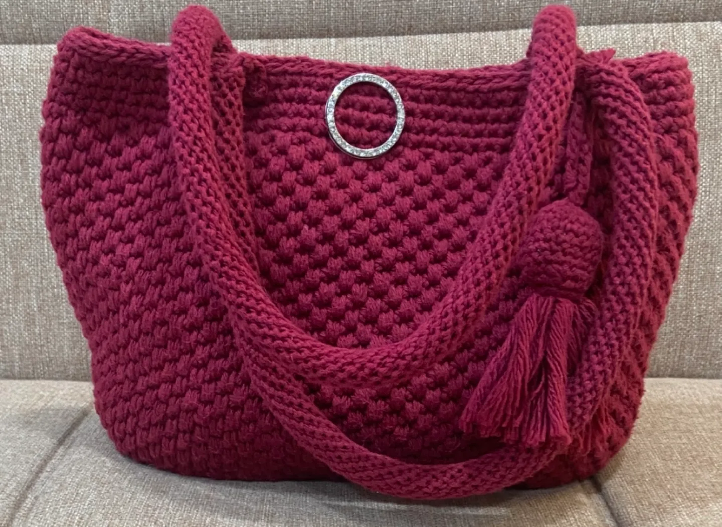 Handmade crochet Burgundy Tote Bag with Tassel. image indicator(2)