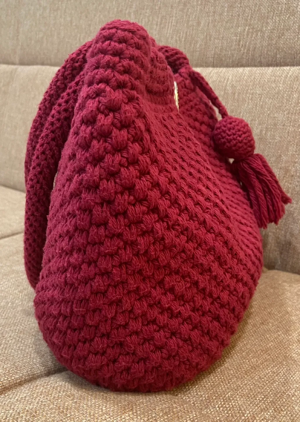 Handmade crochet Burgundy Tote Bag with Tassel. image indicator(4)