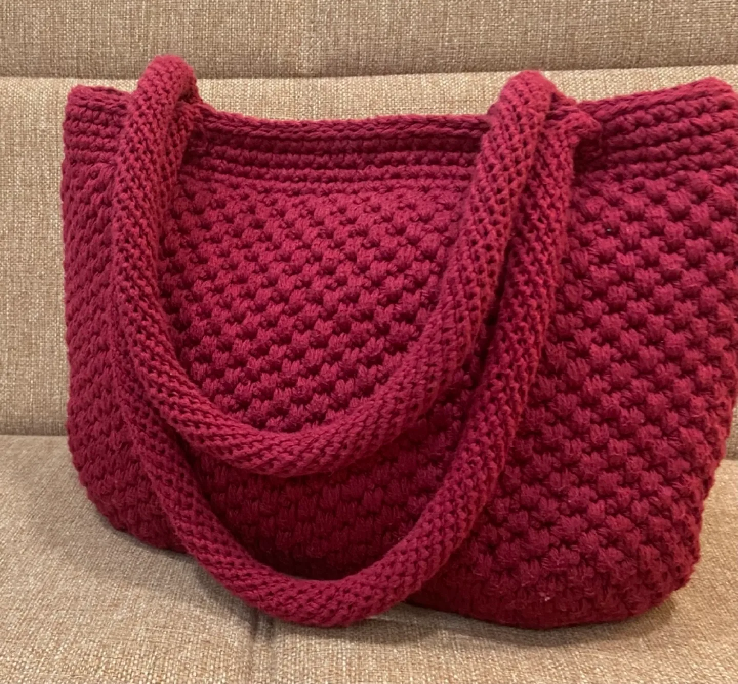 Handmade crochet Burgundy Tote Bag with Tassel. image indicator(3)
