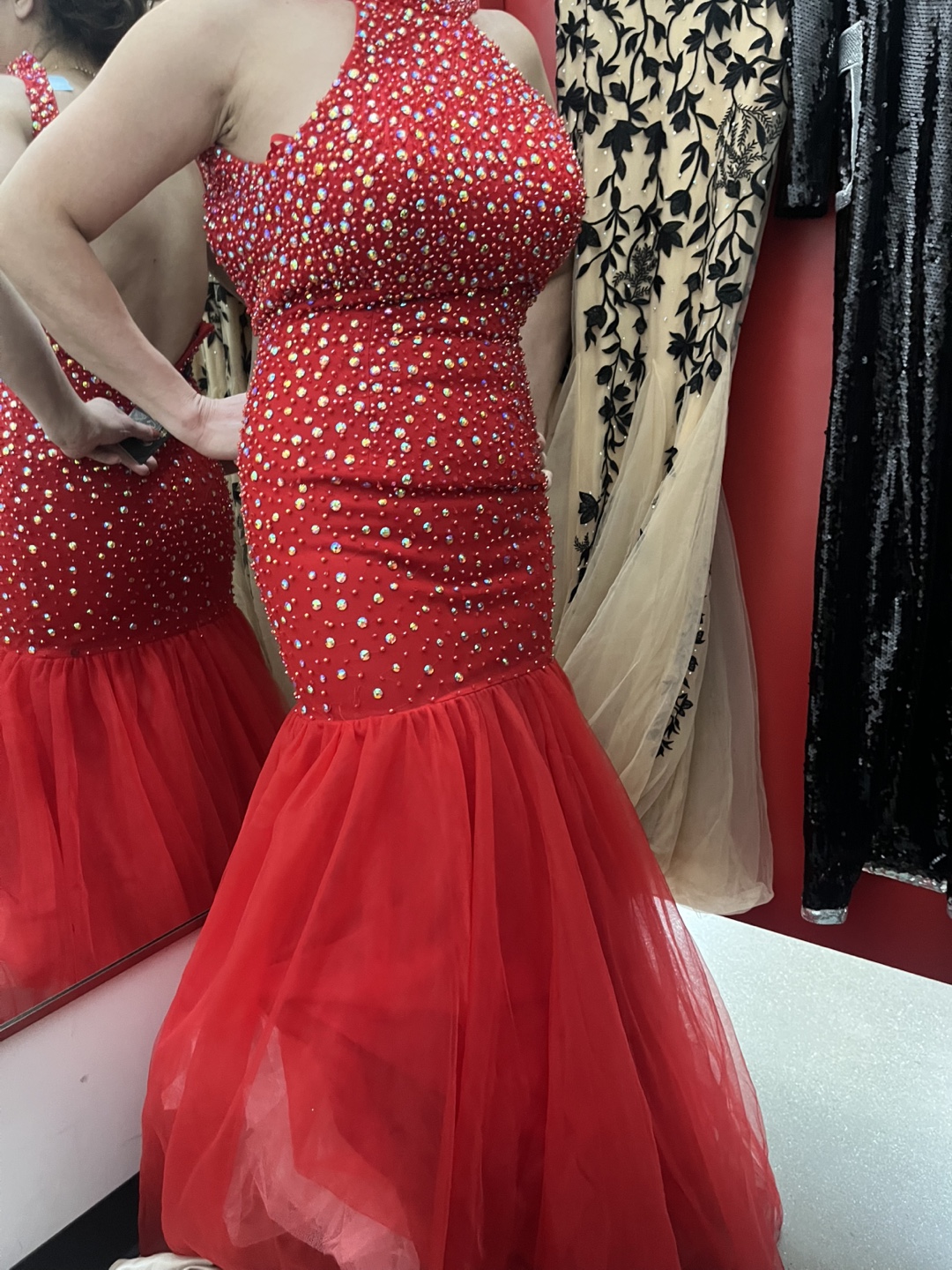 Stunning Red Rhinestone Mermaid Prom Dress