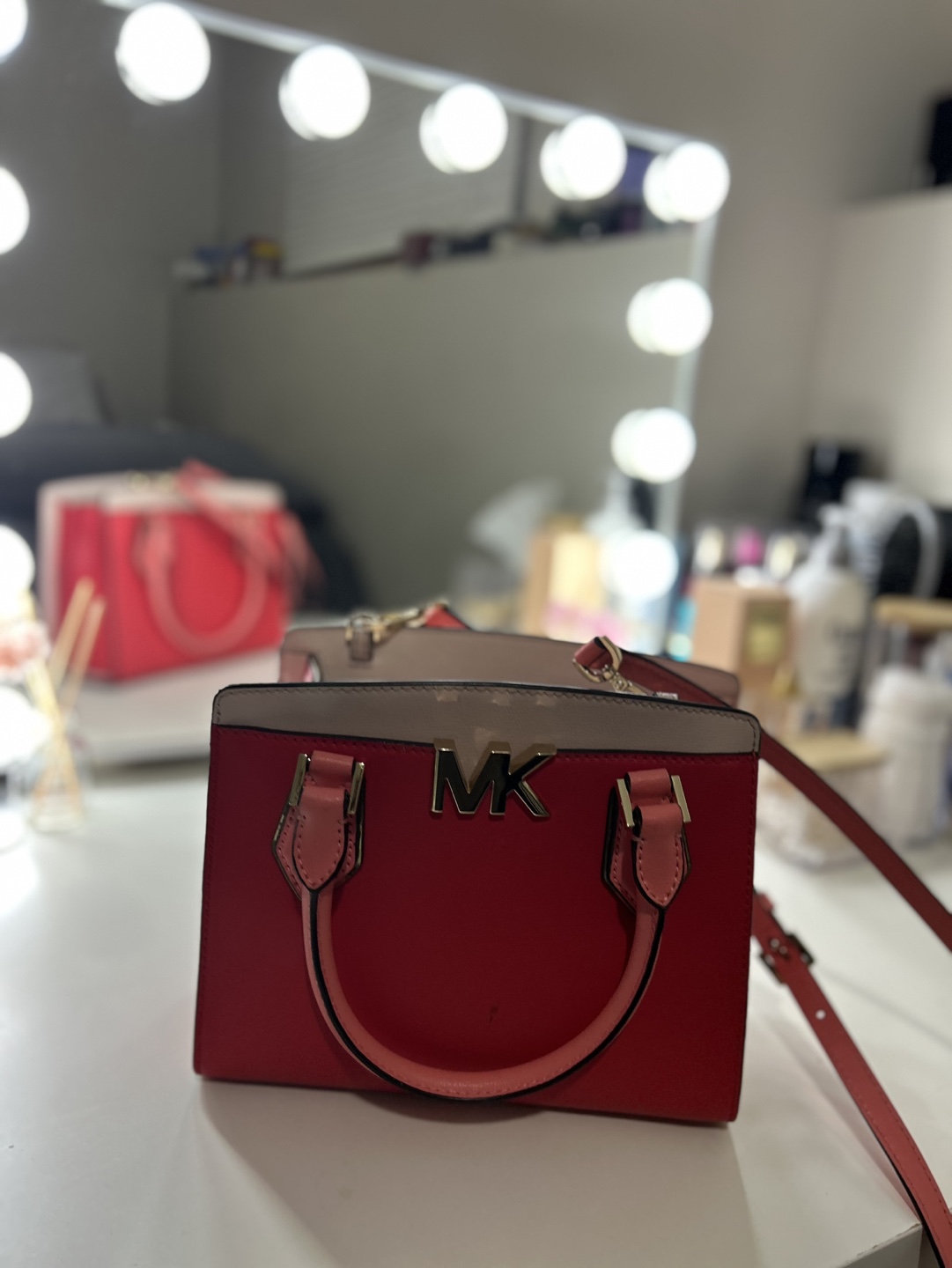 Michael Kors MK Red and Pink Two-Tone Satchel