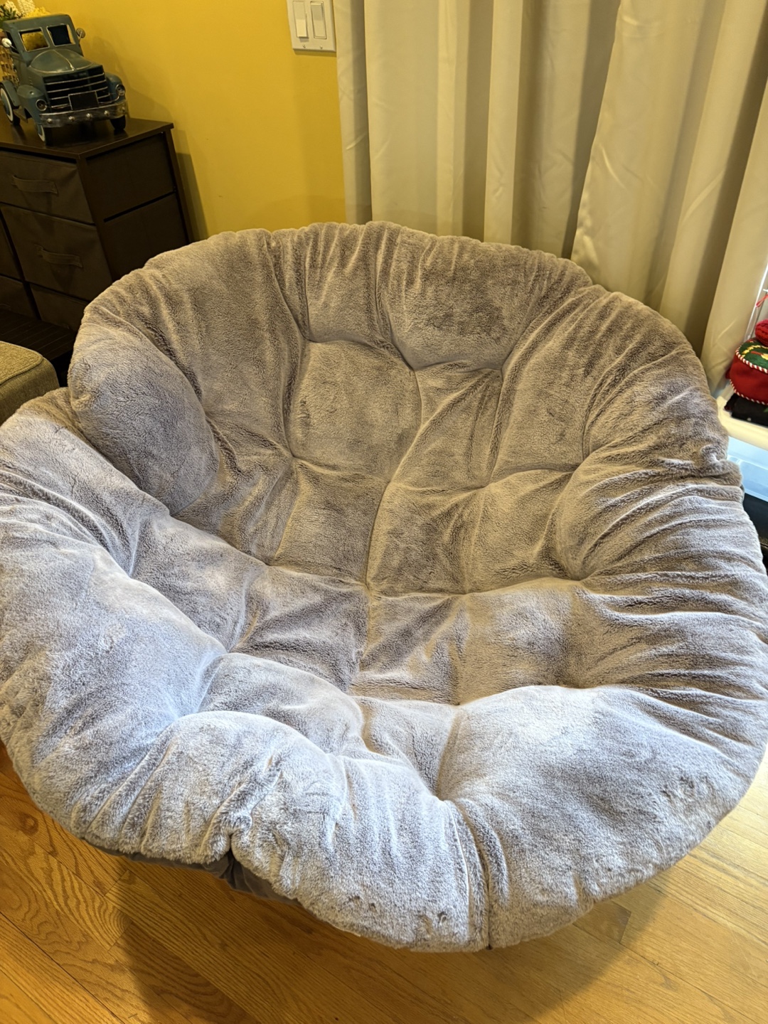 Papasan Chair with Gray Fuzzy Cushion