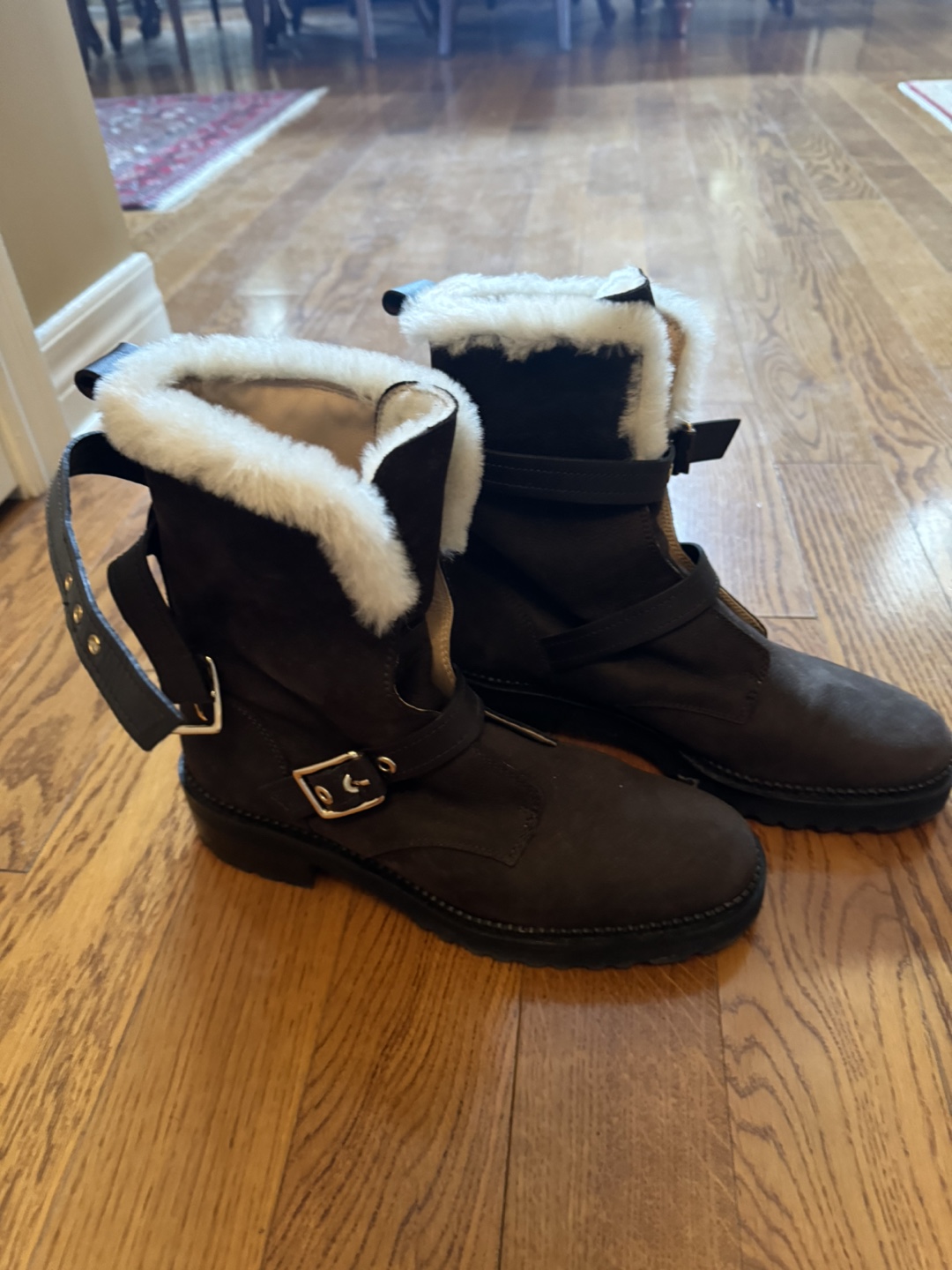 Massimo Dutti Brown Suede Buckle Boots with Faux Fur