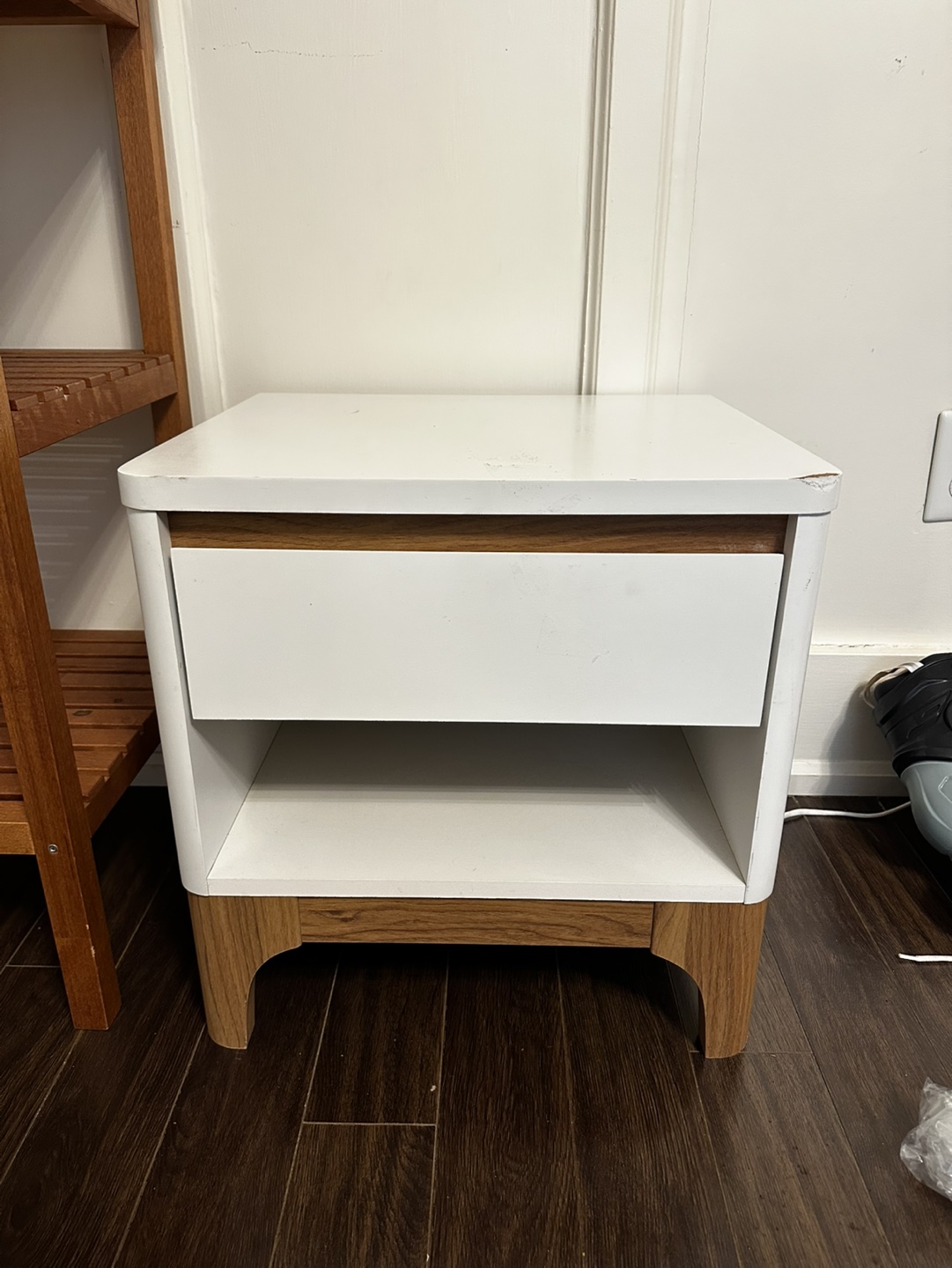 White and wood bedside table