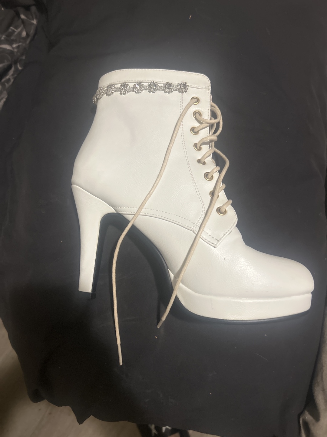 White Lace-Up Platform Booties with Rhinestone Detail