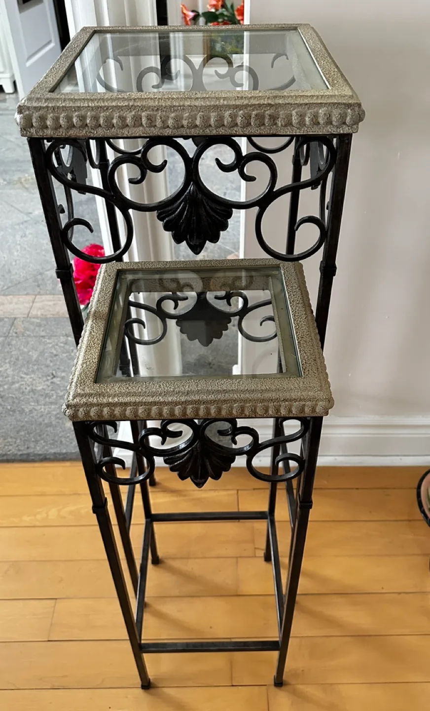 Set of Two Metal Plant Stands with Glass Tops image indicator(2)