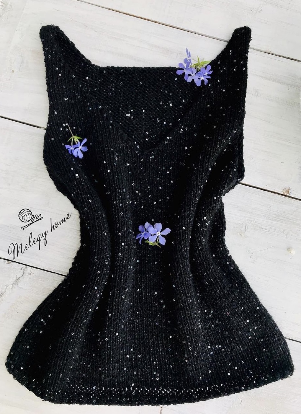 Hand-Knit Sequined Black Sleeveless Top