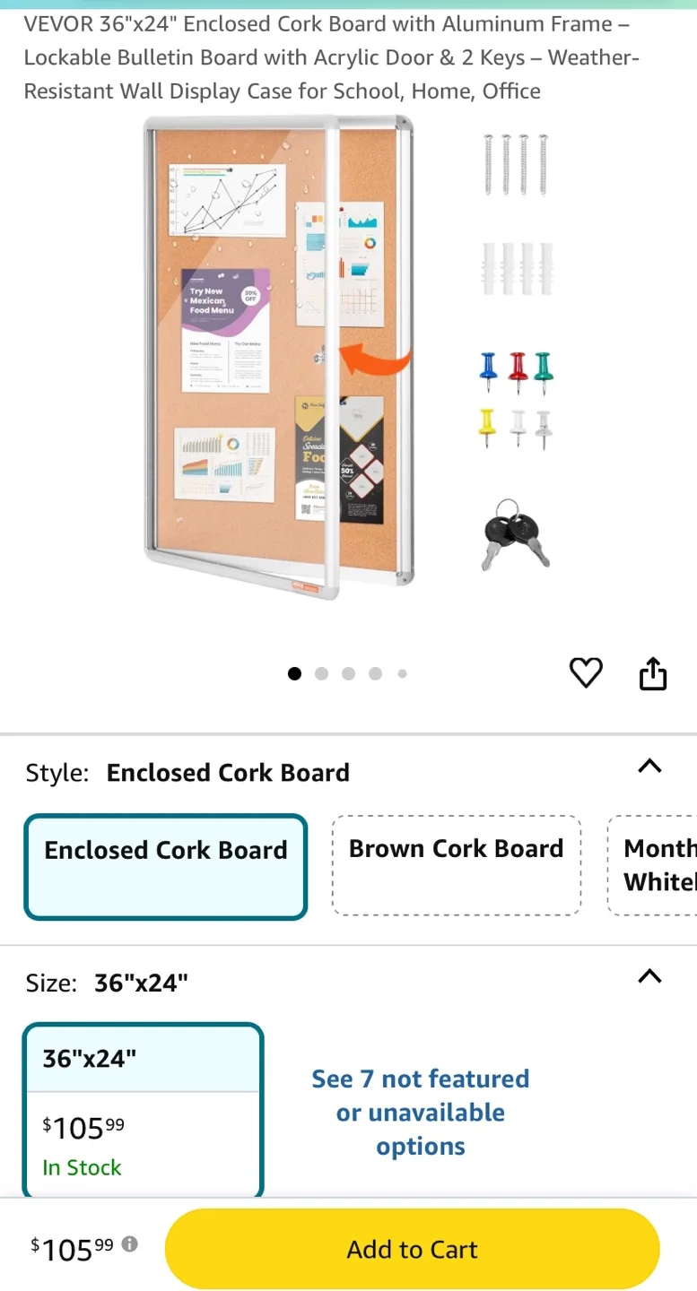 VEVOR 36"x24" Enclosed Cork Board with Lock thumbnail