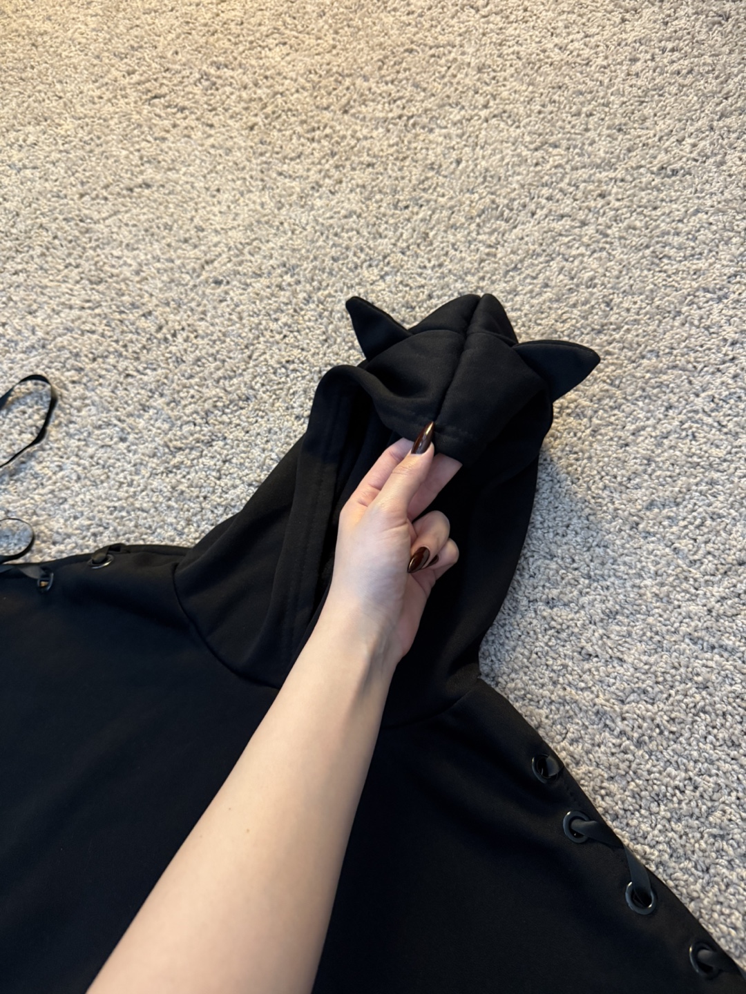 Black Cat Ear Hoodie with Lace-Up Detail - photo 2