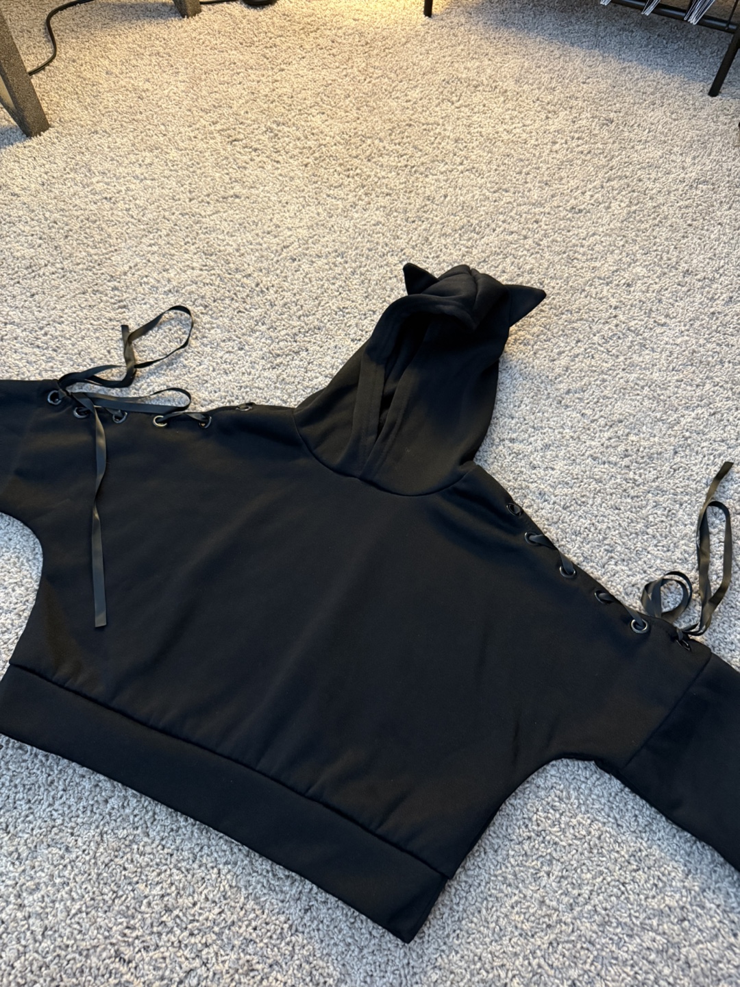 Black Cat Ear Hoodie with Lace-Up Detail