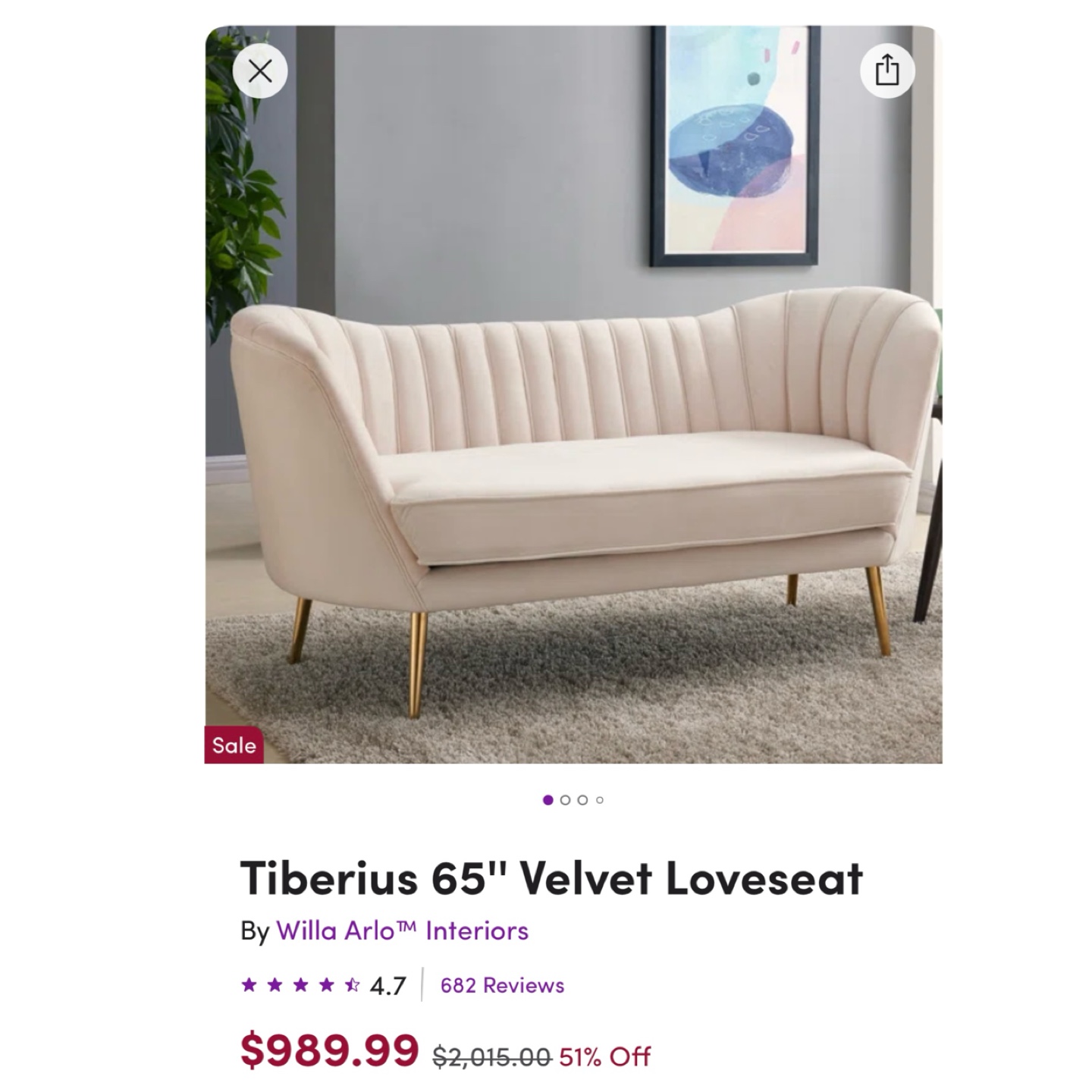 Willa Arlo Tiberius 65" Velvet Loveseat