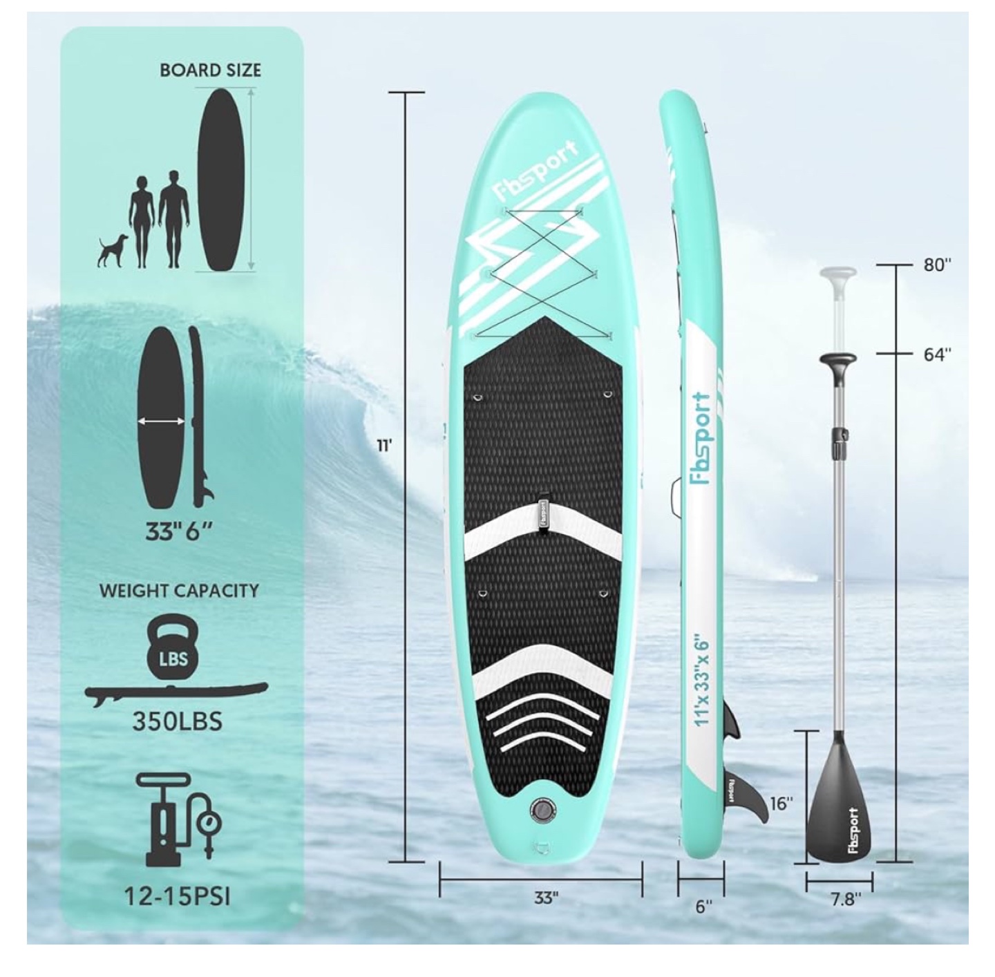 FbSport Inflatable Stand Up Paddle Board - Aqua - photo 3