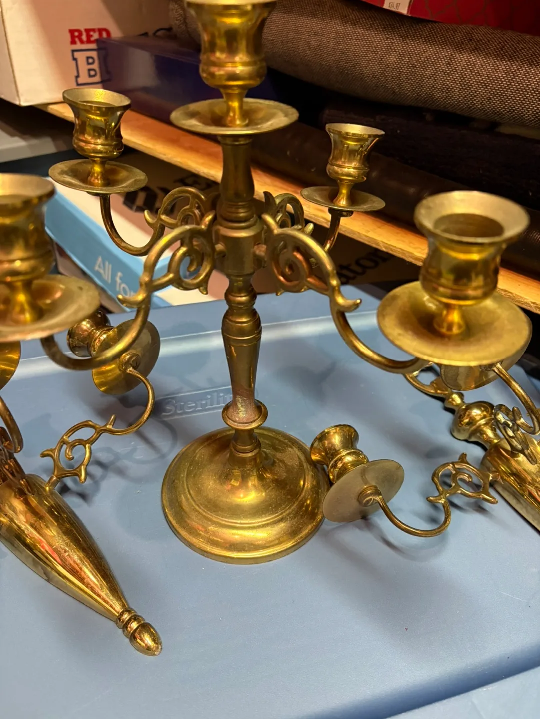 Brass Candelabra Set - 5-Arm & 2 Matching Wall Sconces image indicator(5)