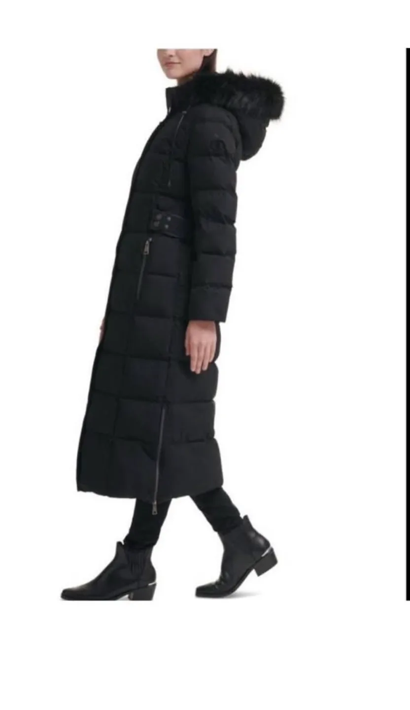 DKNY Long Black Puffer Coat with Faux Fur Hood image indicator(2)