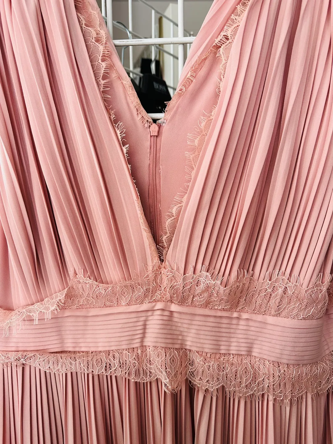 Pink Pleated Long Dress with Lace Detail thumbnail