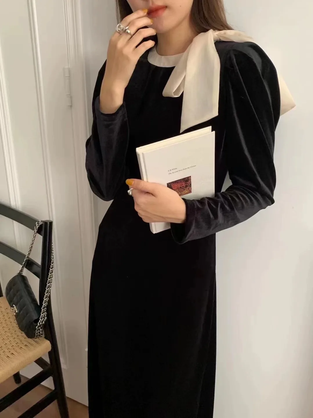 Valentine Day Black Velvet Dress with Peter Pan Collar thumbnail