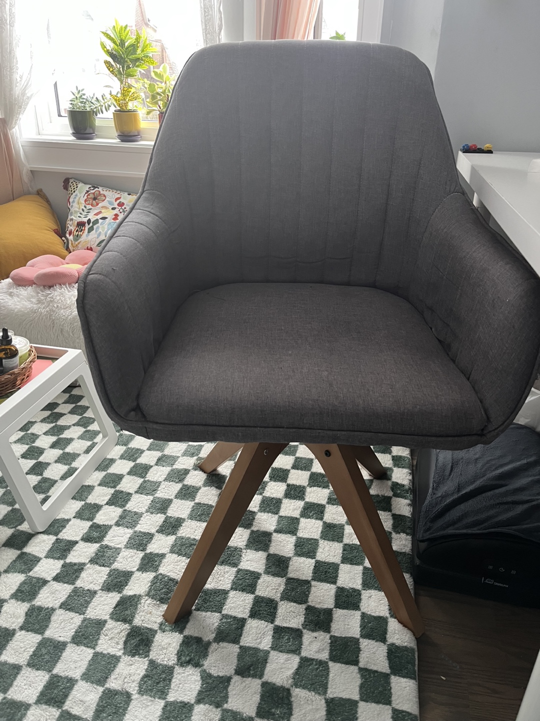 Cute Grey Swivel Desk Chair with Wooden Legs