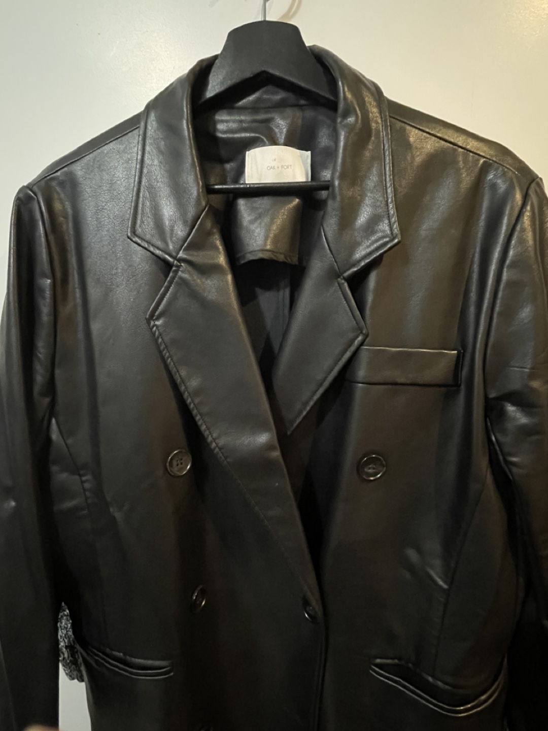 Oak + Fort Black Leather-Look Double-Breasted Long Coat