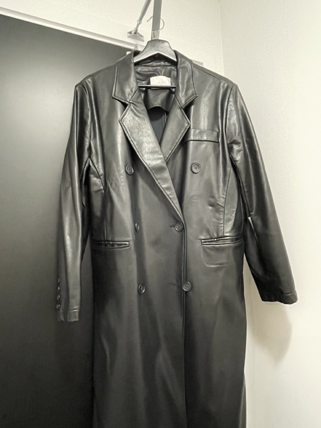 Oak + Fort Black Leather-Look Double-Breasted Long Coat - photo 2