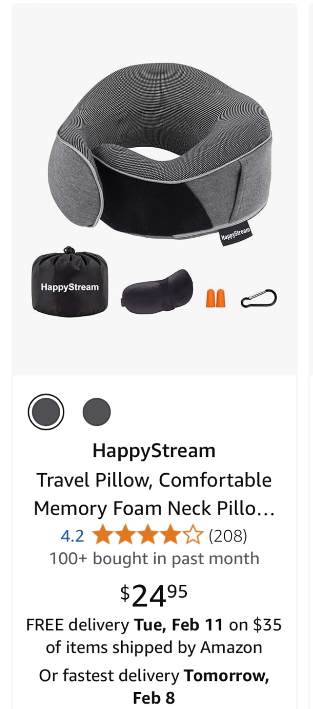HappyStream Travel Pillow - Dark Gray Memory Foam Neck Support