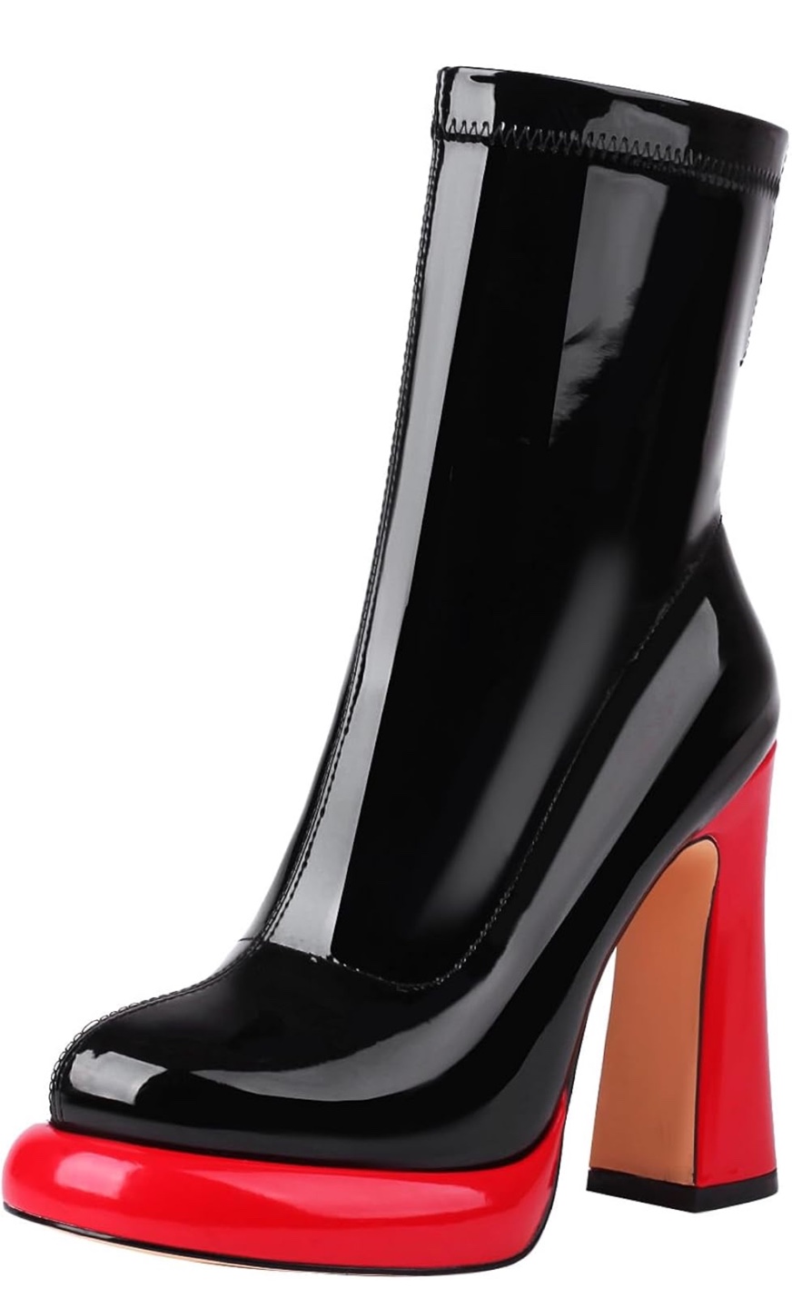 Black and Red Patent Leather Ankle Boots 🏈