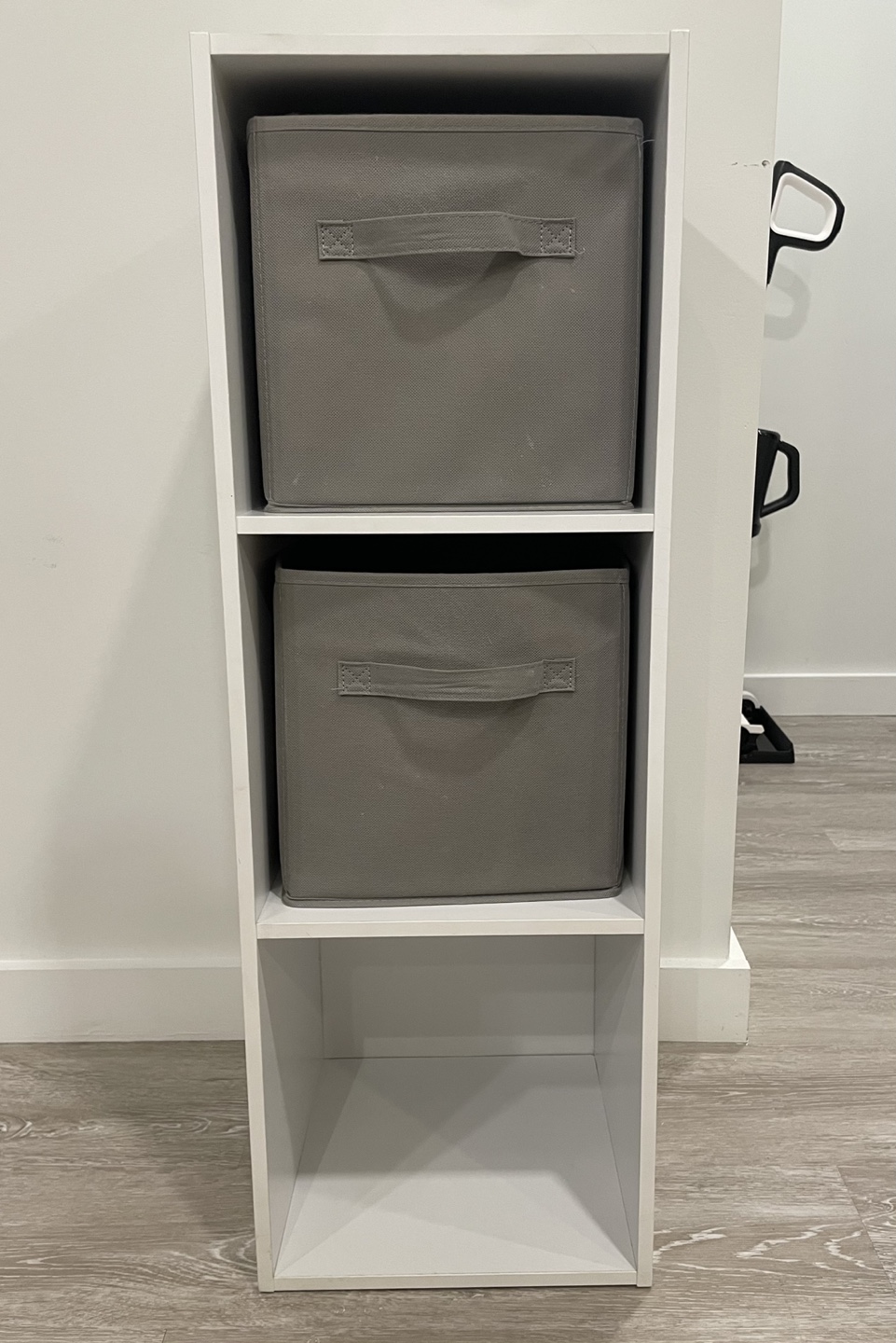 White 3-Cube Organizer with Gray Fabric Bins