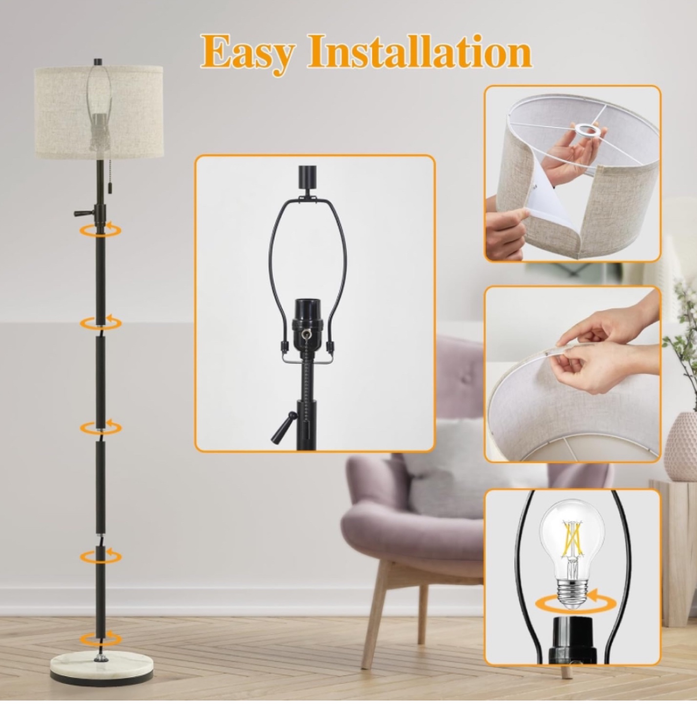GyroVu Black Floor Lamp, Adjustable Height, Marble Base - photo 4