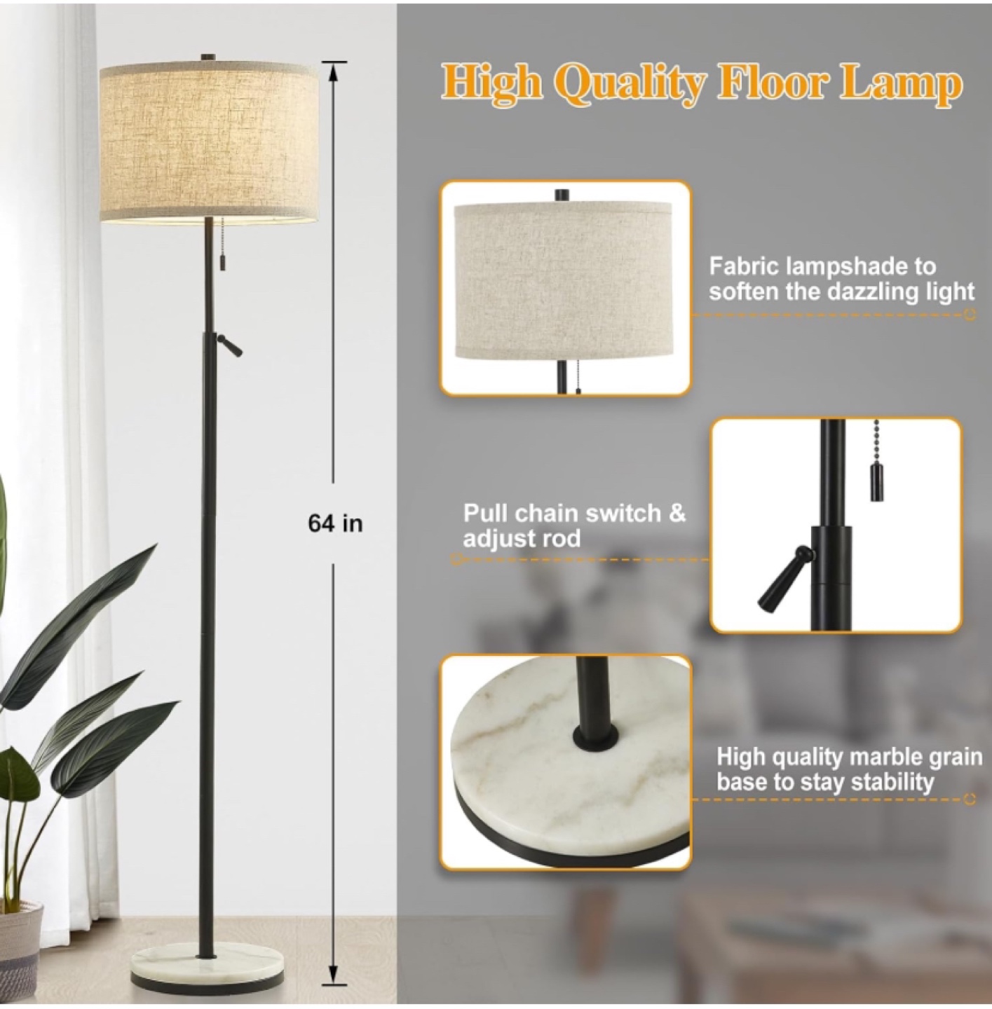 GyroVu Black Floor Lamp, Adjustable Height, Marble Base - photo 2