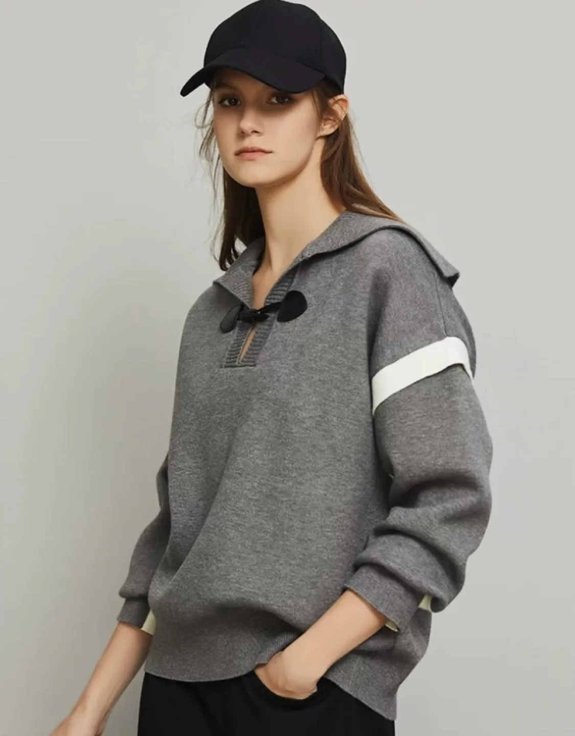 Grey Hooded Knit Sweater thumbnail