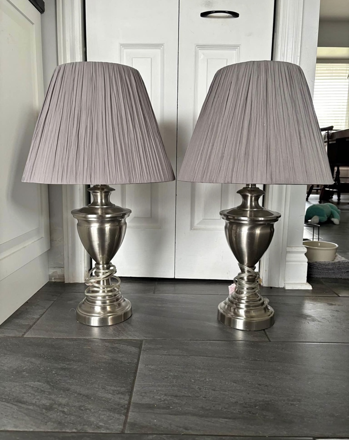 Pair of Lamps with Grey Pleated Shades