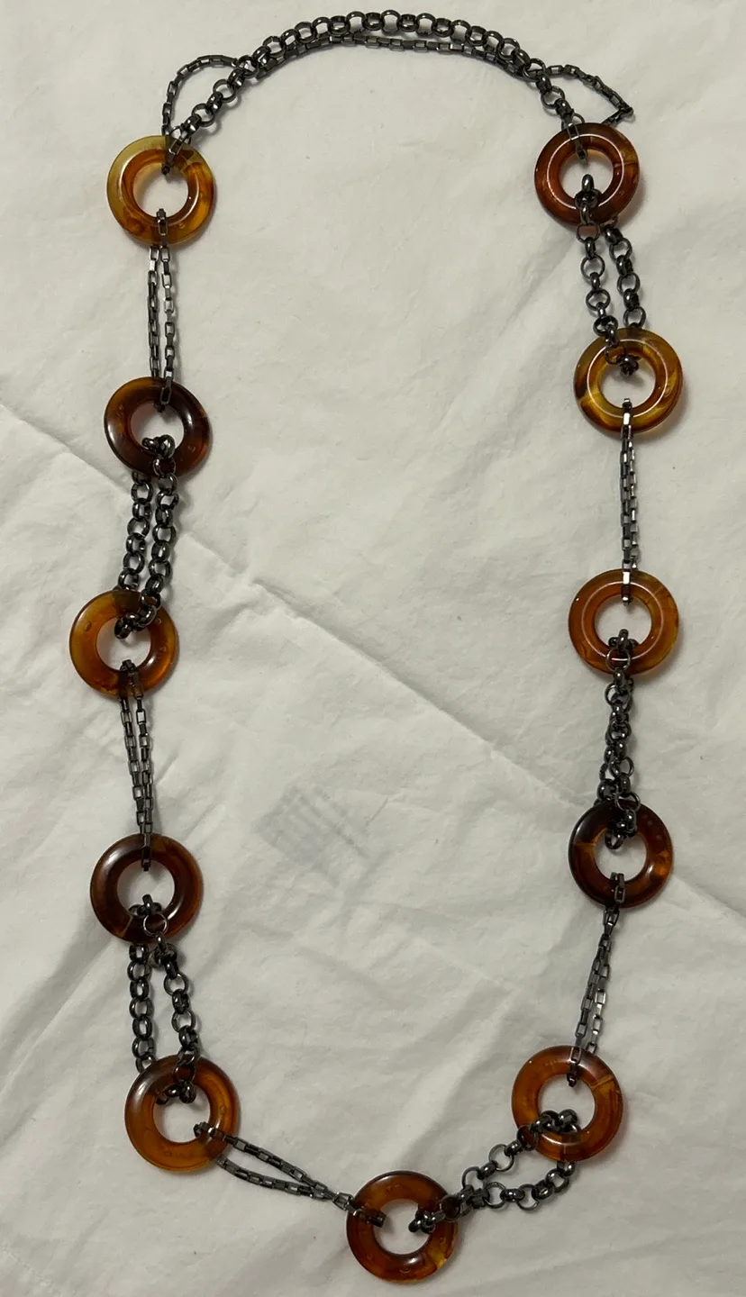Long Round Amber - look and Gunmetal Necklace image indicator(2)