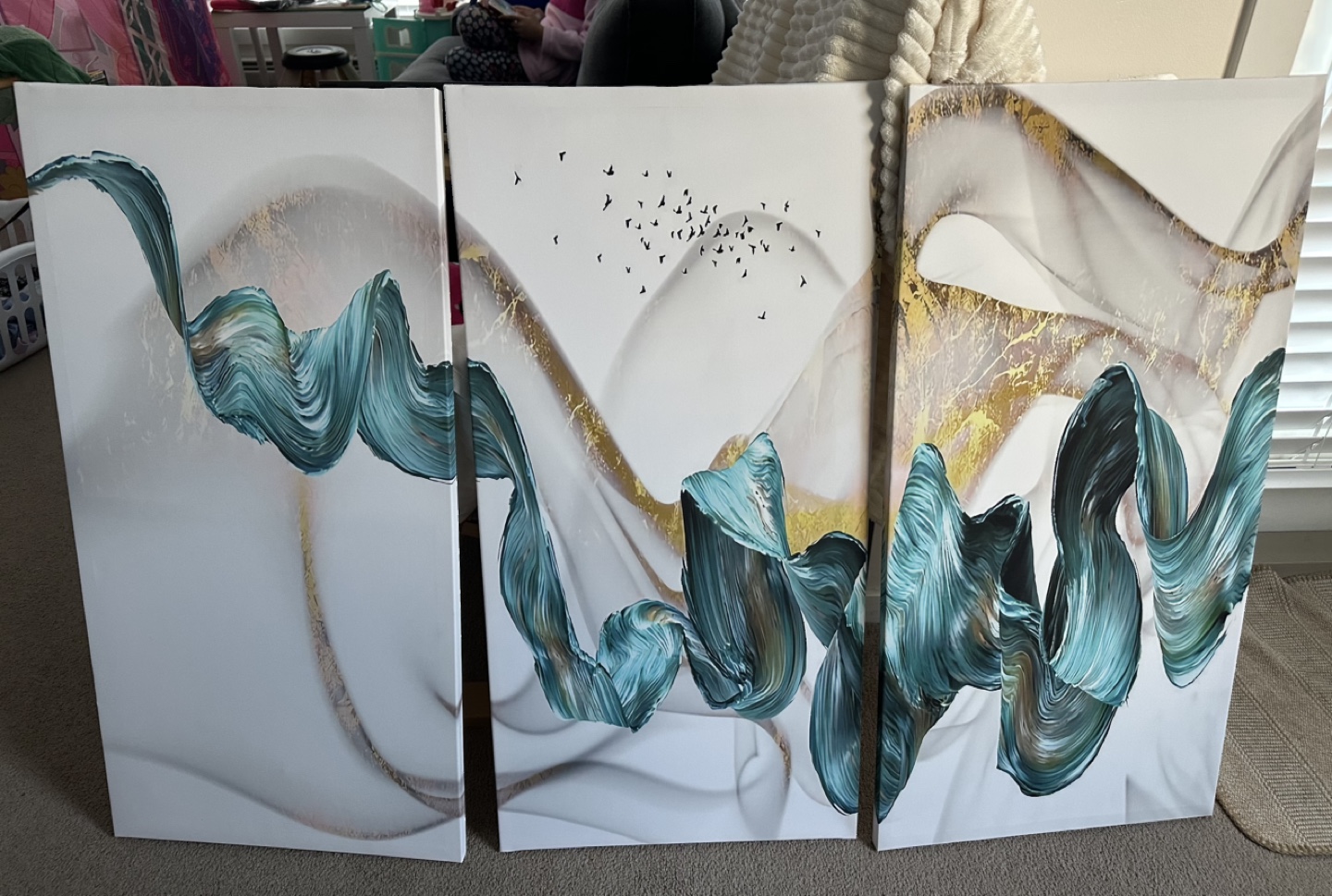 Abstract Teal and Gold Triptych Canvas Wall Art