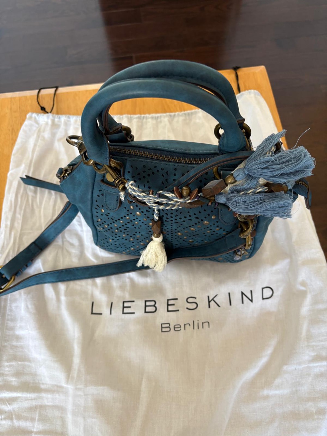 Liebeskind Berlin Teal Blue Laser Cut Satchel Handbag
