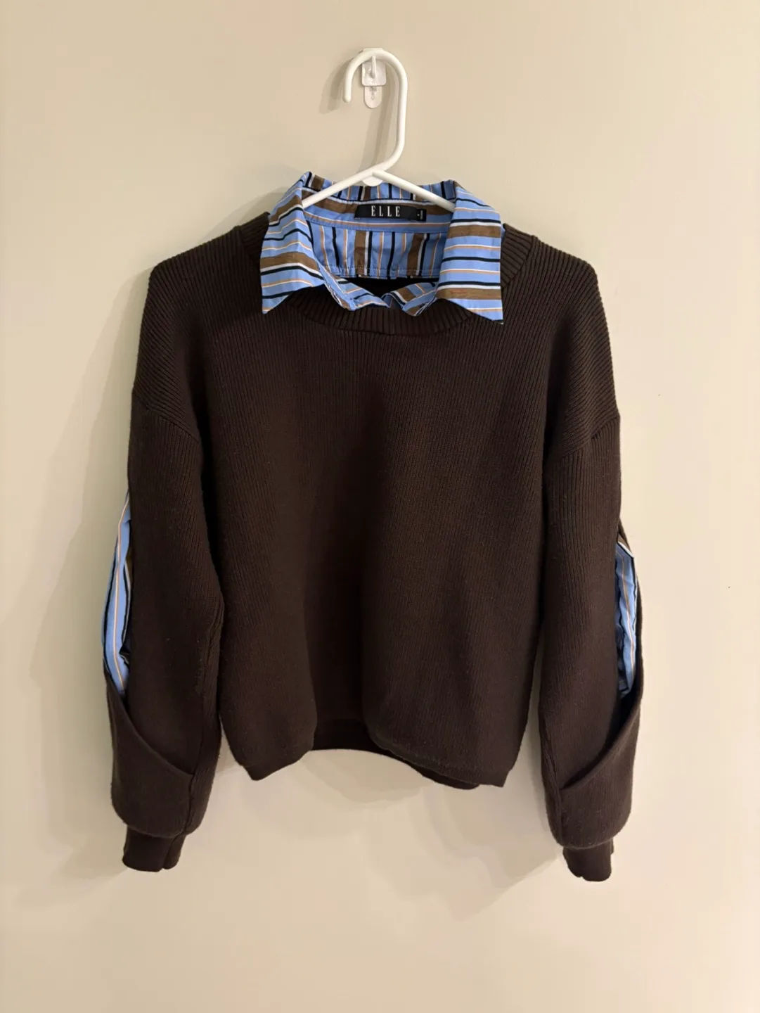 Brown fake two pieces Knit Sweater with Attached Shirt Sleeves image indicator(2)