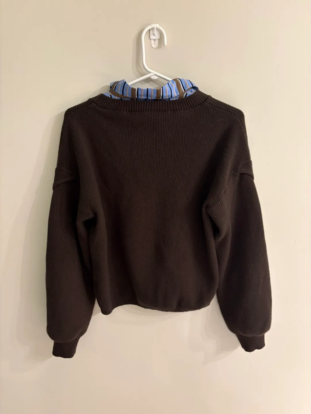 Brown fake two pieces Knit Sweater with Attached Shirt Sleeves image indicator(3)