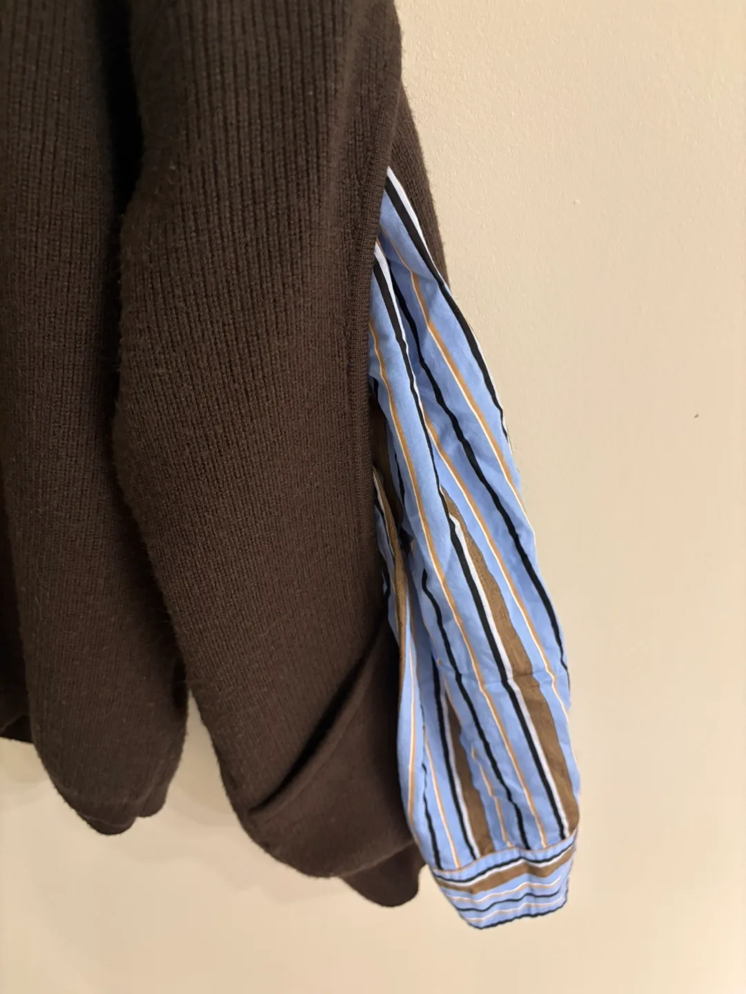 Brown fake two pieces Knit Sweater with Attached Shirt Sleeves image indicator(4)