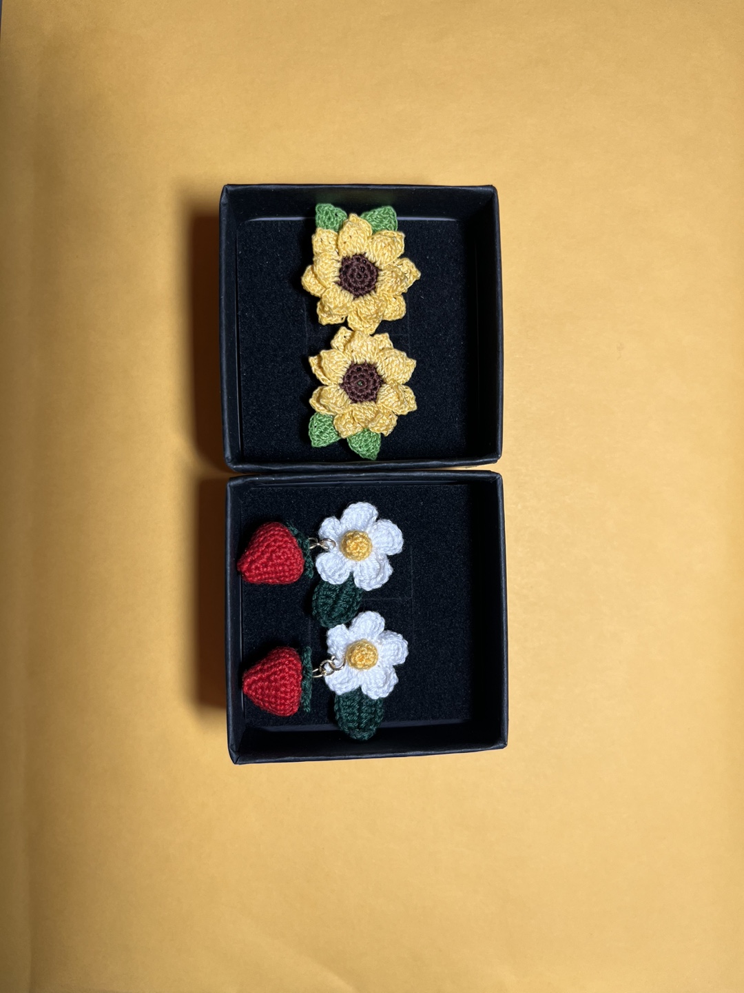Handmade Crochet Sunflower and Strawberry Earrings