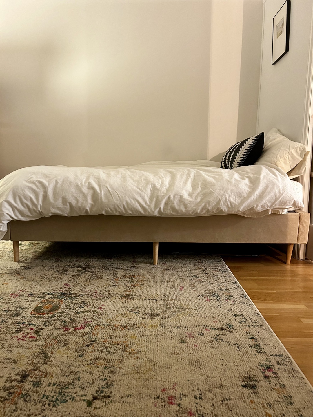 Beige Platform Bed Frame with mattress