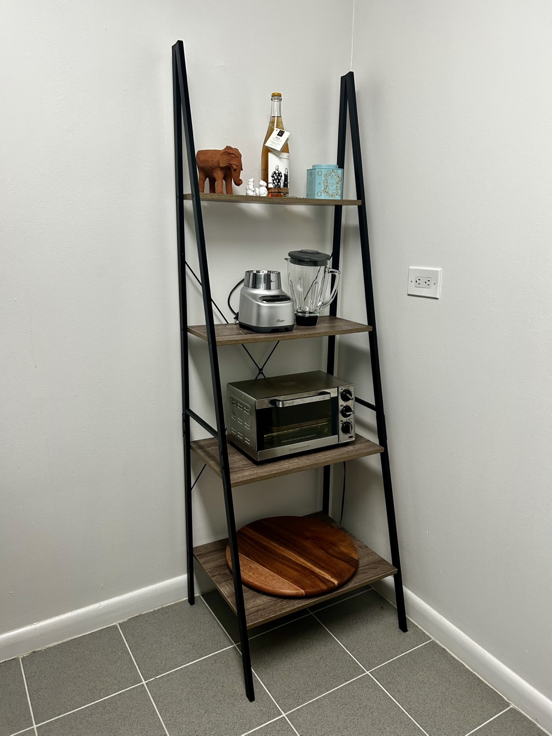 4-Tier Ladder Shelf, Black Metal Frame, Wood Shelves