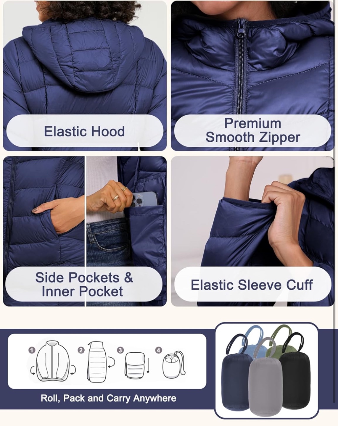 NEW! Women's Packable Hooded Jacket - Navy Blue - photo 4