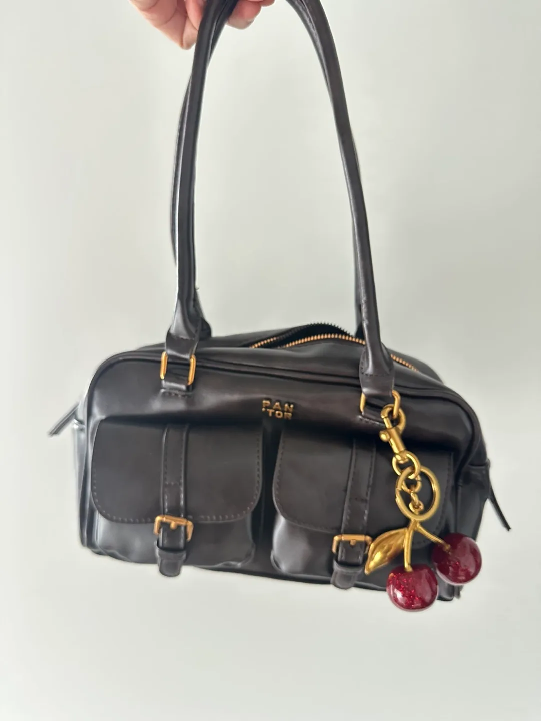 Brown Faux Leather Handbag with Cherry Charm image indicator(2)