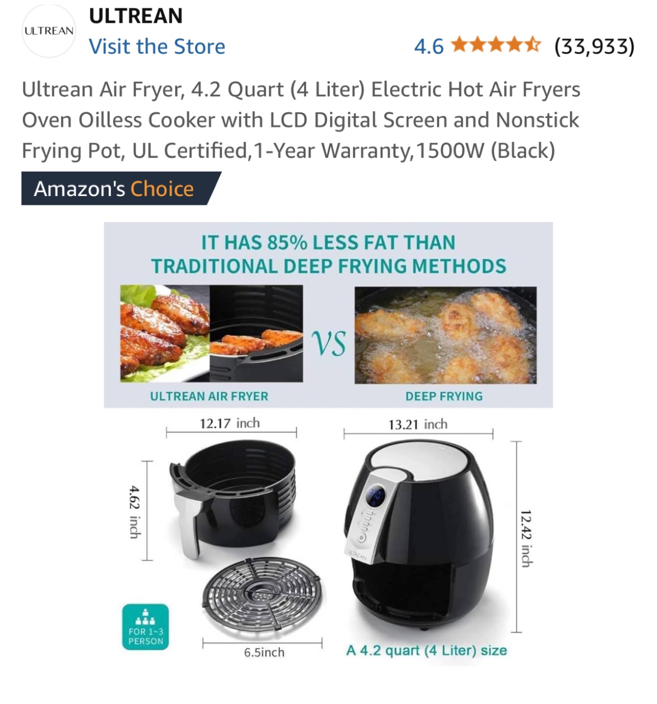 Ultrean Air Fryer, 4.2 Quart (4 Liter), Black - photo 5