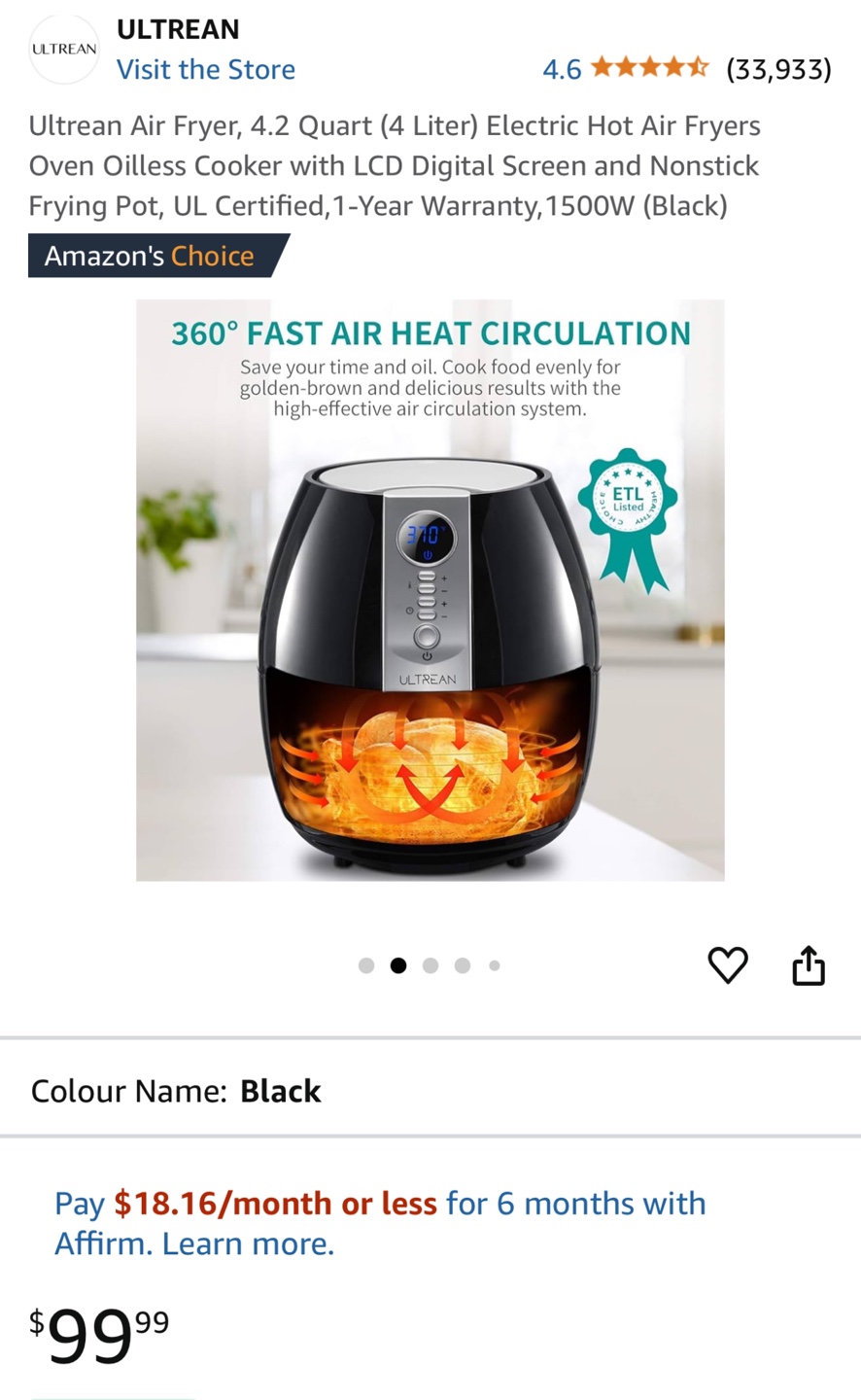 Ultrean Air Fryer, 4.2 Quart (4 Liter), Black - photo 2