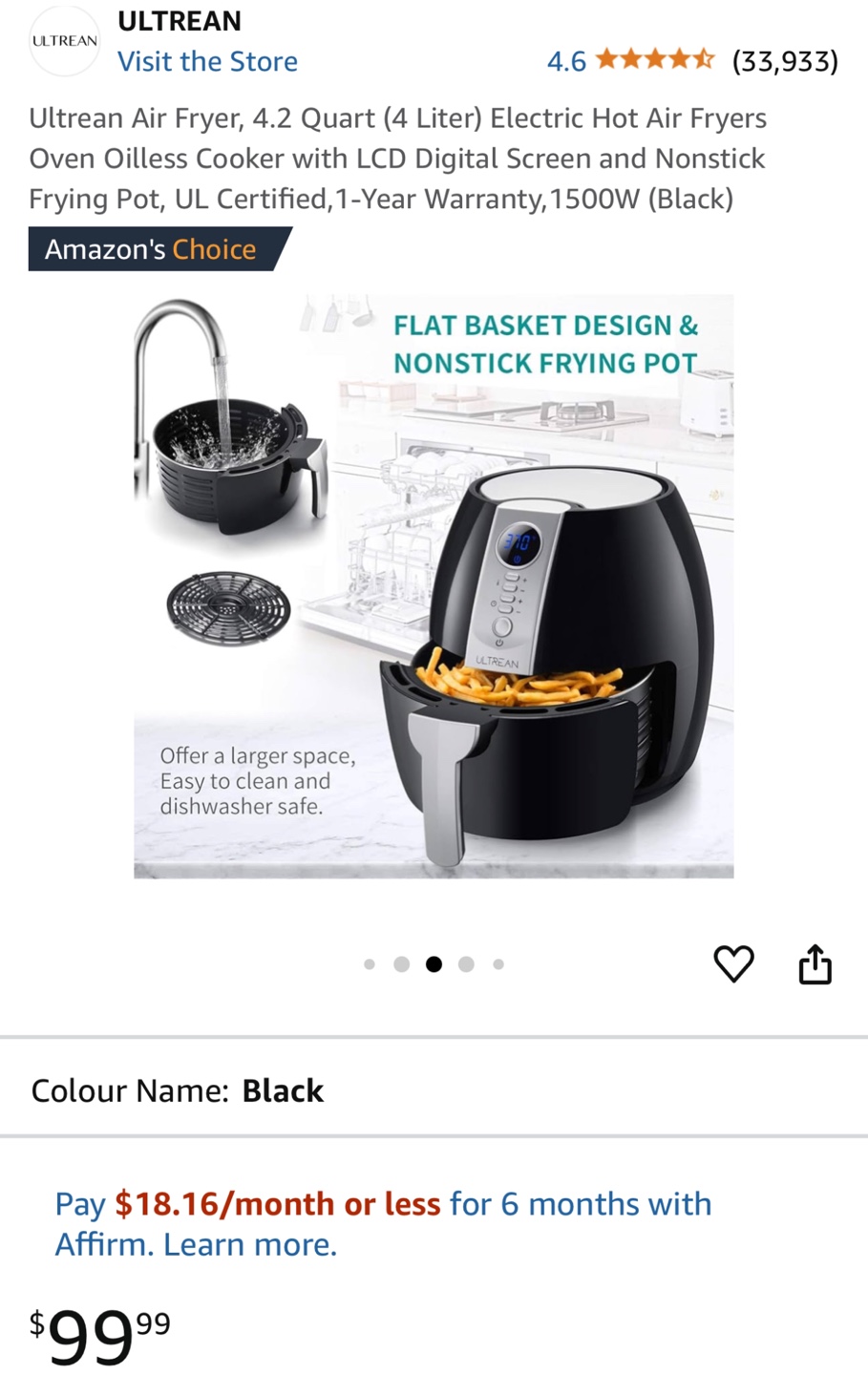 Ultrean Air Fryer, 4.2 Quart (4 Liter), Black - photo 4
