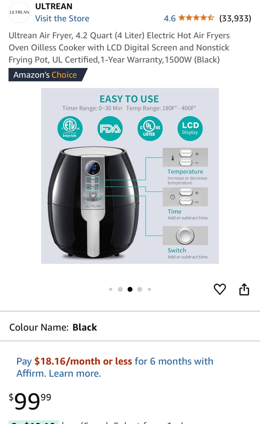 Ultrean Air Fryer, 4.2 Quart (4 Liter), Black - photo 3