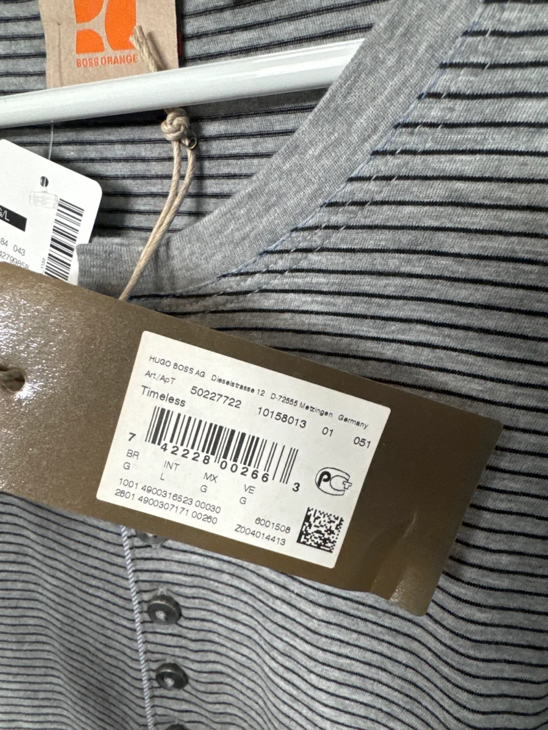 Hugo Boss Orange Men's Grey Striped Henley Shirt - Size Large image indicator(3)