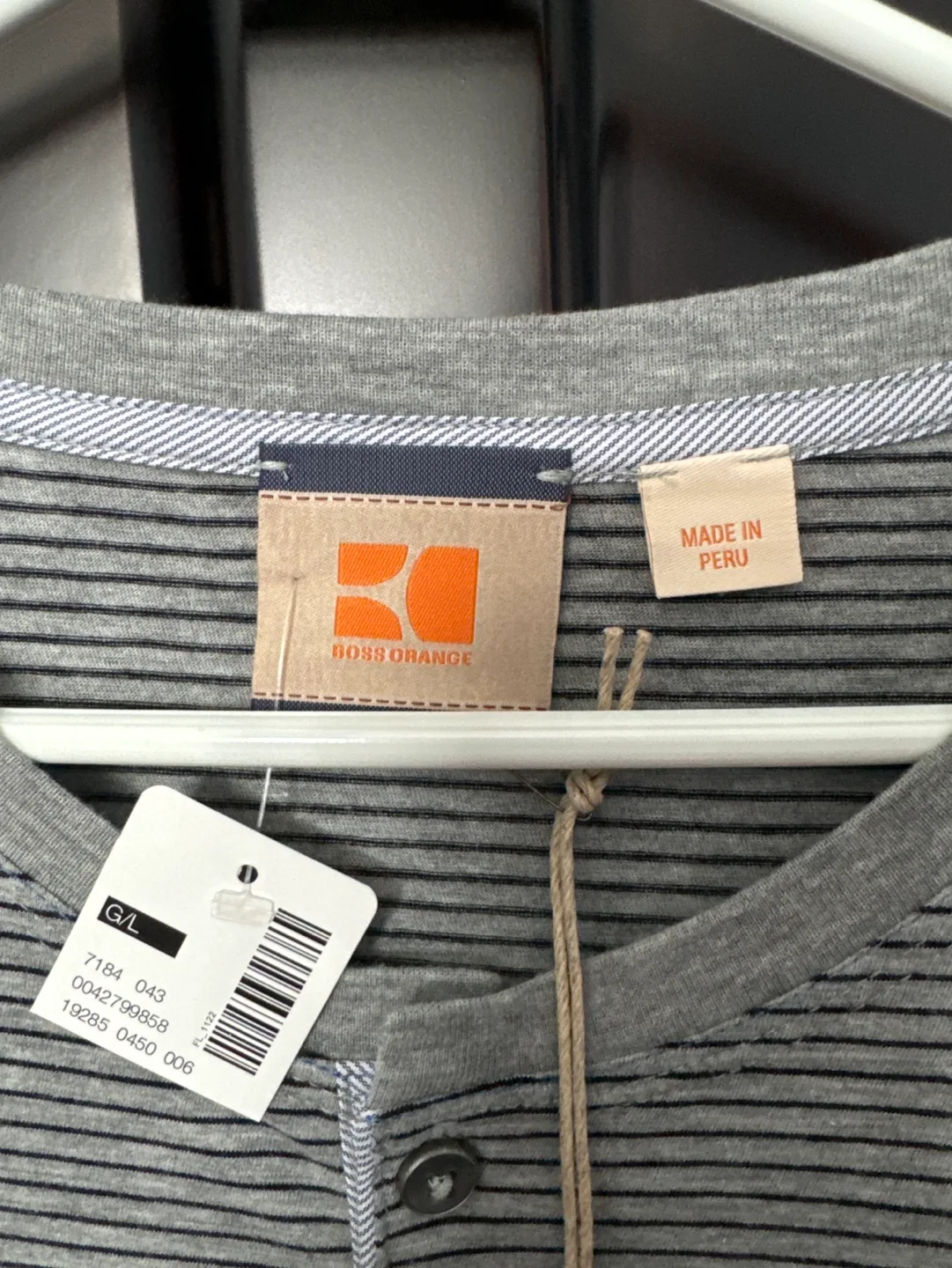 Hugo Boss Orange Men's Grey Striped Henley Shirt - Size Large image indicator(2)