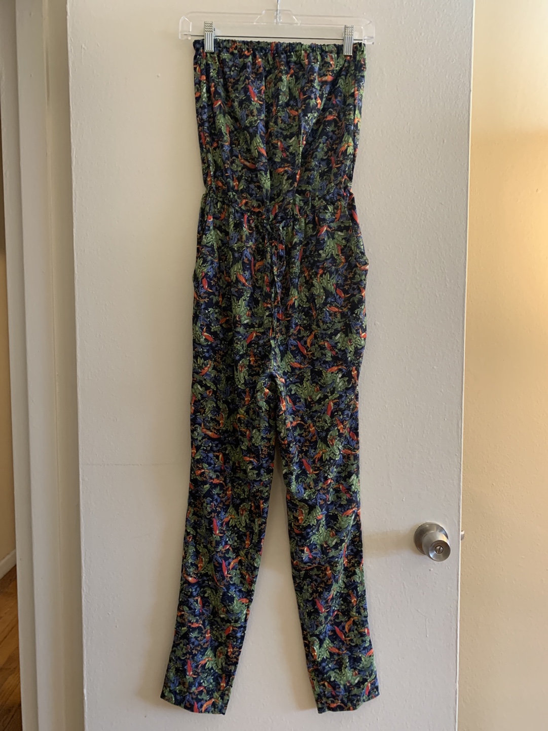 Strapless Tropical Bird Print Jumpsuit