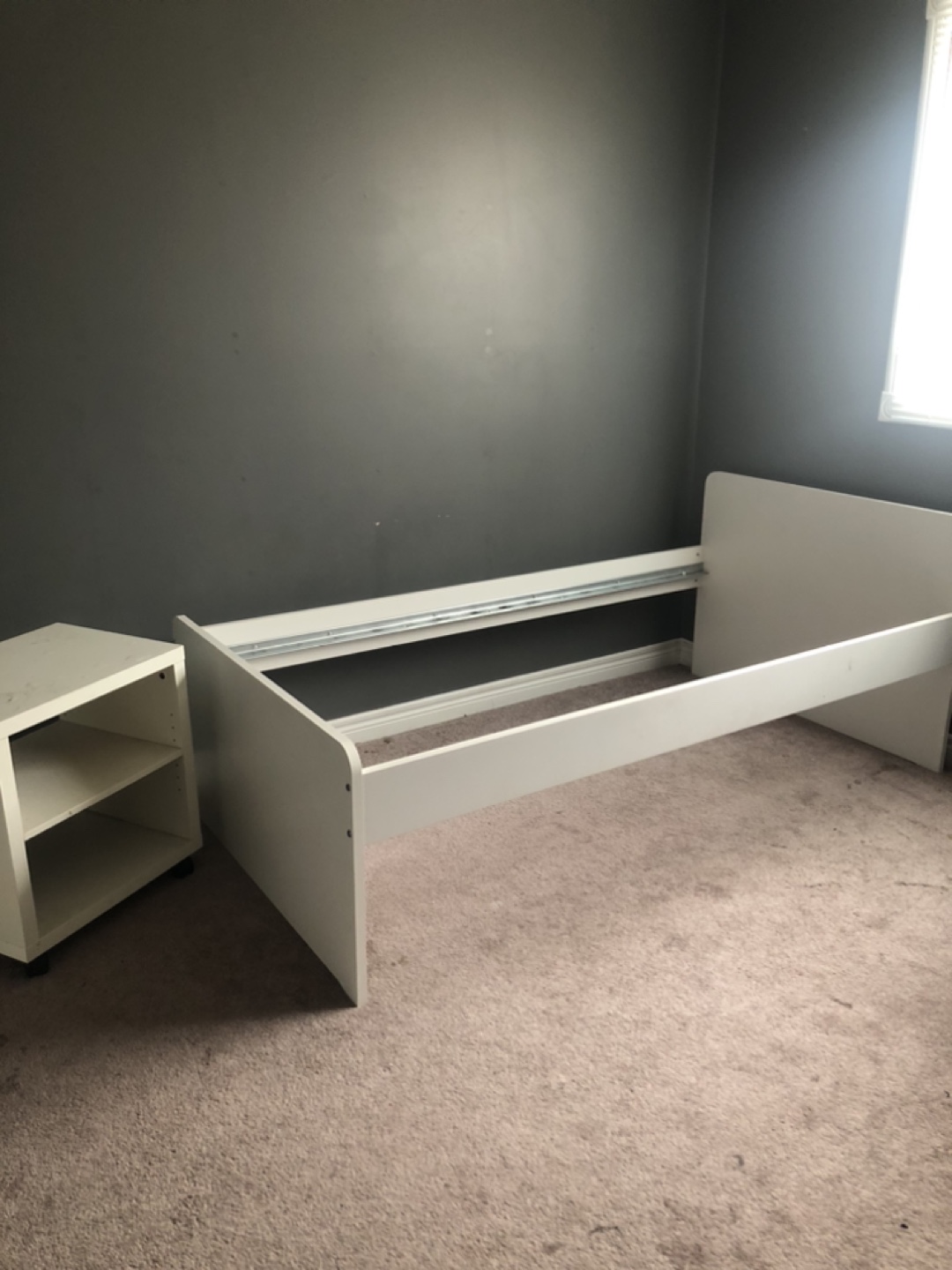 IKEA white single bed with table and dresser