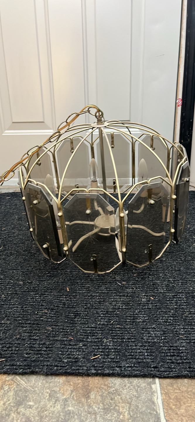 Vintage Smoked Glass & Brass Chandelier